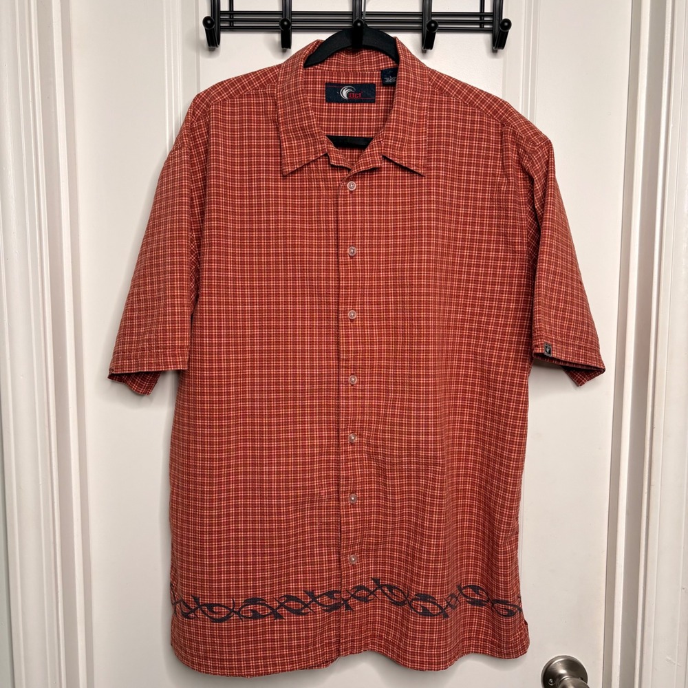 VTG OCI Jeans Co. Button Down Shirt Men's Large 100% Cotton Orange Plaid Tribal